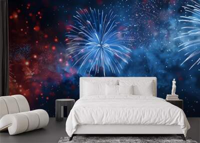 USA america united states new year or Independence Day celebration holiday background greeting card - Blue red white firework on dark night sky Wall mural