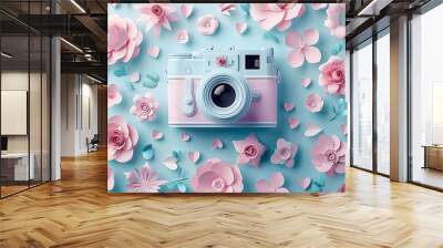 Vector paper cut illustration celebrating World Photography Day, featuring a pastel-toned camera surrounded by delicate flowers and hearts, highlighting the beauty of capturing moments Wall mural