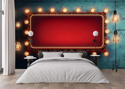 Vector realistic isolated red lightbox marquee frame with stars with neon bulb lamps for template decoration on the wall background. Concept of cinema Wall mural