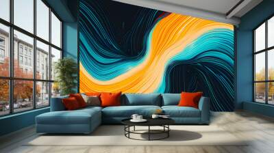 Vibrant rainbow, orange blue teal white psychedelic grainy gradient color flow wave on black background, music cover dance party poster design. Retro Colors from the 1970s 1980s, 70s, 80s, 90s style Wall mural