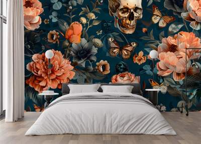 vintage floral seamless wallpaper with skulls peonies butterflies dark botanical background repeating pattern for design of fabric paper wallpaper canvas hand drawn 3d illustration AI Wall mural