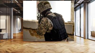 Trops wear digital uniform protection mask helmet rifle and vest Wall mural