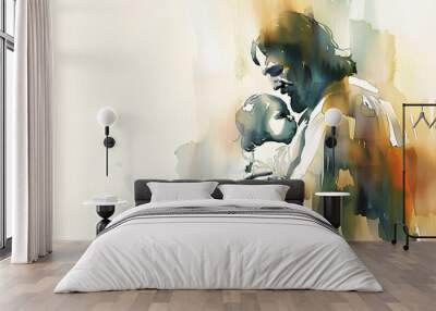 Watercolor illustration of Jesus Christ holding a child in his arms. Watercolor painting Wall mural