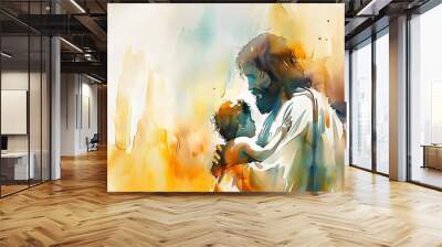 Watercolor illustration of Jesus Christ holding a child in his arms. Watercolor painting Wall mural