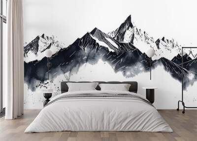 watercolour black and white mountains in winter with white background Wall mural