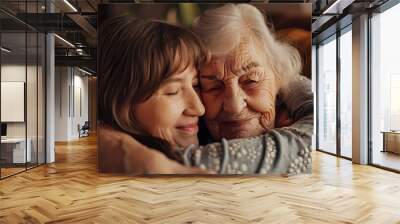 Woman, love and hug senior mom in home for mothers day, bonding and visit in retirement with care or happy. Person, smile and embrace with elderly parent for reunion, comfort and affection in hospice Wall mural