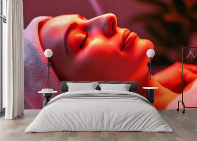 Woman receiving LED light therapy for skin cleansing and anti-aging at a spa resort. Wall mural