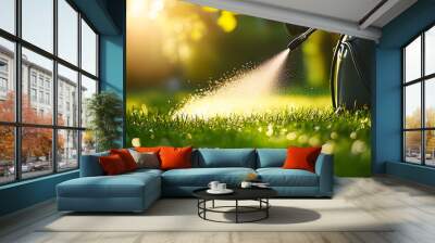 Worker spraying pesticide on a green lawn outdoors for pest control: A close-up view. Concept Pesticide Application, Pest Control, Green Lawn, Close-up Shot, Outdoors Wall mural