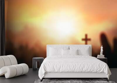 Worship God concept: human rising hands over blurred cross background Wall mural