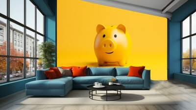 Yellow piggy bank on a matching yellow background. Savings and financial concept. Wall mural