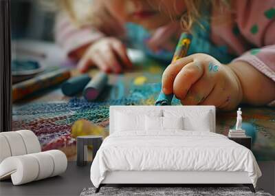 young child sketches with pastel chalk on pale desk for paternal celebration. Wall mural