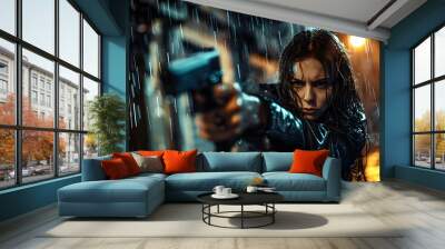 Young woman in black jacket points gun in rain, police officer or killer holding weapon at night. Female detective with pistol on dark street. Concept of spy,  Wall mural