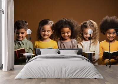 Group of three cute friends reading their lesson  Wall mural