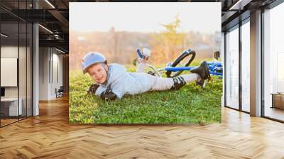 A small child in a helmet and protection fell from a bicycle onto the grass and was not injured Wall mural