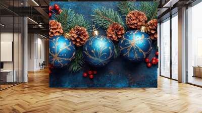 Colorful Christmas Celebration With Ornaments and Pinecones in Winter Generative AI Wall mural