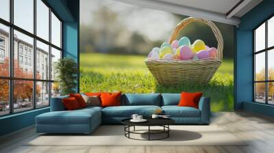 Colorful Easter Eggs in a Basket Resting on a Sunny Green Field Generative AI Wall mural