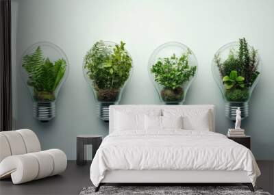 Eco Light Bulbs With Plants for Sustainable Living Generative AI Wall mural