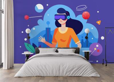 Metaverse entertainment. Flat vector illustration with woman wearing virtual reality glasses and VR headsets, interacting and exploring a virtual world. Concept of future innovations Wall mural