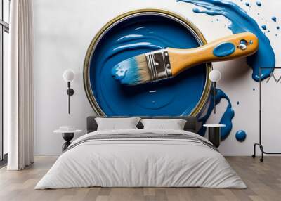 A vivid image showing a paintbrush with blue paint dripping into a can on a white background, signifying a painting project Wall mural