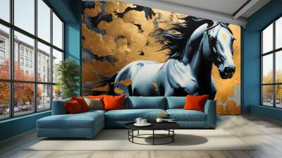 An abstract representation of a powerful black horse, highlighted with gold splashes, conveys strength, elegance, and artistic flair Wall mural