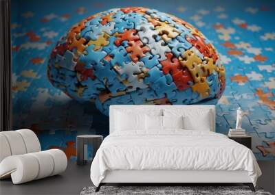 Colorful brain made of interlocking jigsaw puzzle pieces on blue background Wall mural