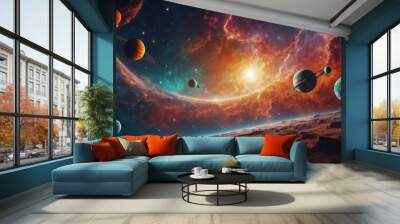 Colorful cosmos with many planets in a nebula galaxy Wall mural