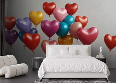 Colorful heart-shaped balloons floating against a plain background. Wall mural