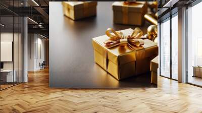 Elegant gold gift boxes with ribbons, festive setting Wall mural