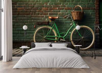 Green bicycle with basket against brick wall Wall mural