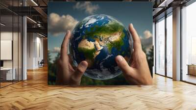 Hands holding the Earth globe against a clear blue sky background Wall mural