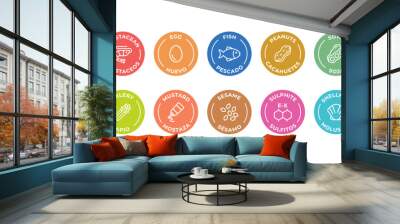 Isolated Vector Logo Set Badge Ingredient Warning Label. Colorful Allergens icons. Food Intolerance. The 14 allergens required to declare written in Spanish and English Wall mural