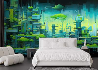 illustration of a green and blue futuristic city,generative ai Wall mural