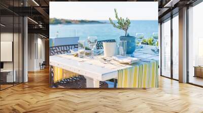 Beautiful tropical restaurant and beach with turquoise water. Corfu island, Greece. Wall mural