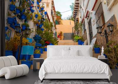 Narrow street with steps, white houses and blue potted plants in ancient neighborhood Santa Cruz in Alicante old town on hillside. Costa Blanca on Mediterranean sea coast, Spain Wall mural