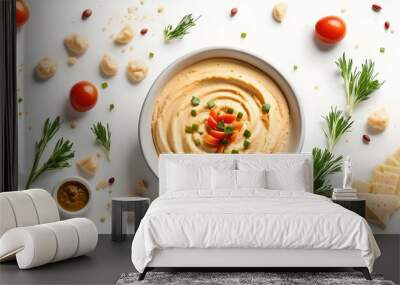 bowl of hummus isolated on white background, top view
 Wall mural