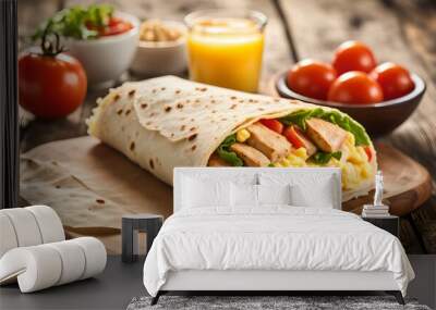 Breakfast Wrap on wooden table background, Breakfast burritos with scrambled egg, chicken and tomato in a tortilla wrap.
 Wall mural