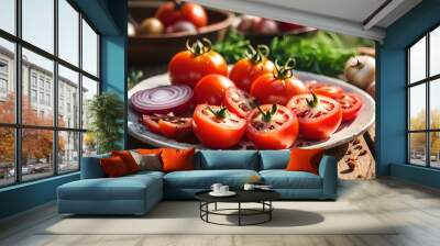 Concept healthy appetizer Fresh tomatoes with onion and spices closeup in the plate on the table. Horizontal
 Wall mural