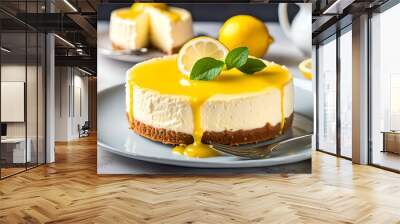 Fresh baked homemade lemon cheesecake with lemon curd and lemon slices.
 Wall mural