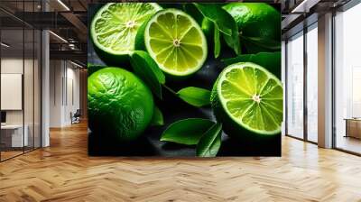 fresh limes with slice and leaves on dark background
 Wall mural