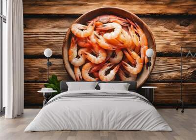 fresh raw shrimps in a bowl on a wooden table
 Wall mural