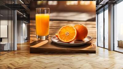 Glass of Fresh Orange Juice Fruit Extract and Slice Orange on Wooden Table
 Wall mural