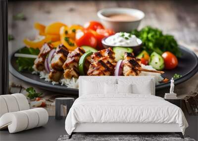 Zesty chicken shish kebabs served with rice pilaf on a tiny lavash bread garnished with cooked vegetables onion, tomato and garlic cream. Shish Tawook with rice, vegetable and tzatziki sauce
 Wall mural