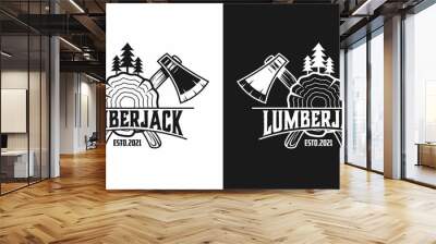 Lumberjack, carpentry, woodworker vintage logo with equipment forest products isolated Wall mural