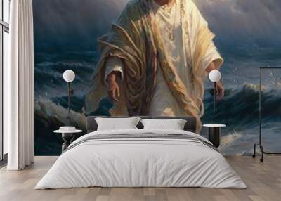 Jesus Christ Walking On Water During Storm Heavenly Rays Coming From Cloudy Sky Painting Wall mural