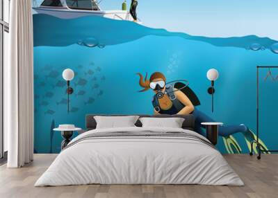 Underwater world and diving scene Wall mural