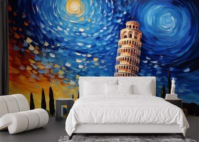 The Leaning Tower of Pisa in the style of the painting Starry Night Wall mural