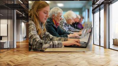 Young girl teaches older women how to work on the computer Wall mural