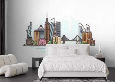 New York city, USA architecture color line skyline illustration. Linear vector cityscape with famous landmarks, city sights, design icons. Landscape on white background. Wall mural