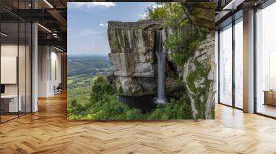 High Falls Waterfall - A waterfall under a footbridge on the side of a cliff. Wall mural