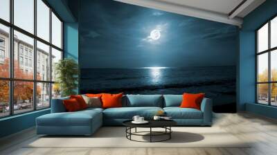 Full moon over the sea. Beach night landscape Wall mural